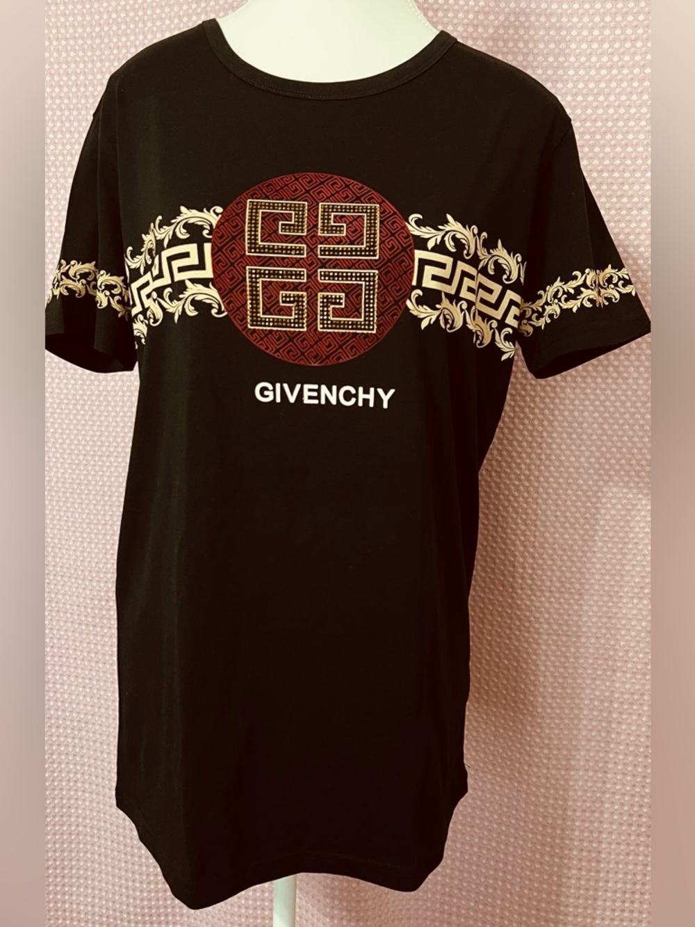 Givenchy Black Short-Sleeve Tee with Red Medallion and Gold Trim